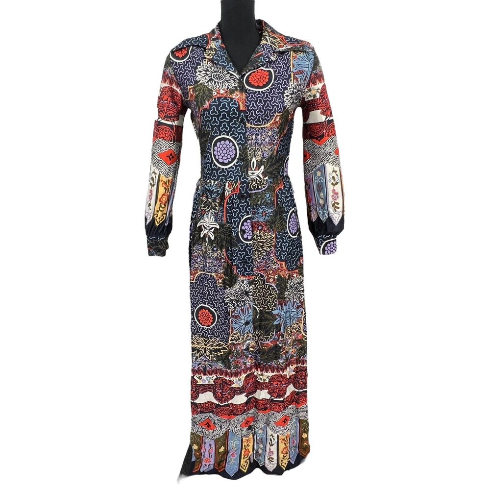 Vintage‎ 70s Georgia Griffin Polyester Multi Print Maxi Hostess Dress Sm/ Med